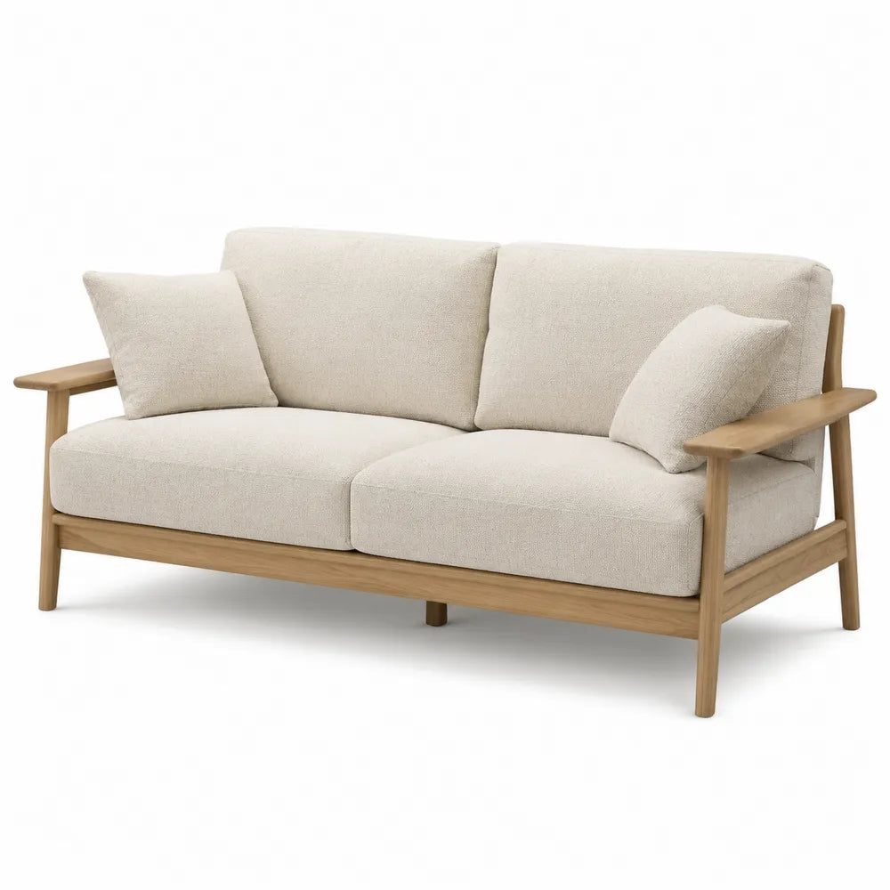 Sofa dwuosobowa z drewna dębowego i kremowej tkaniny