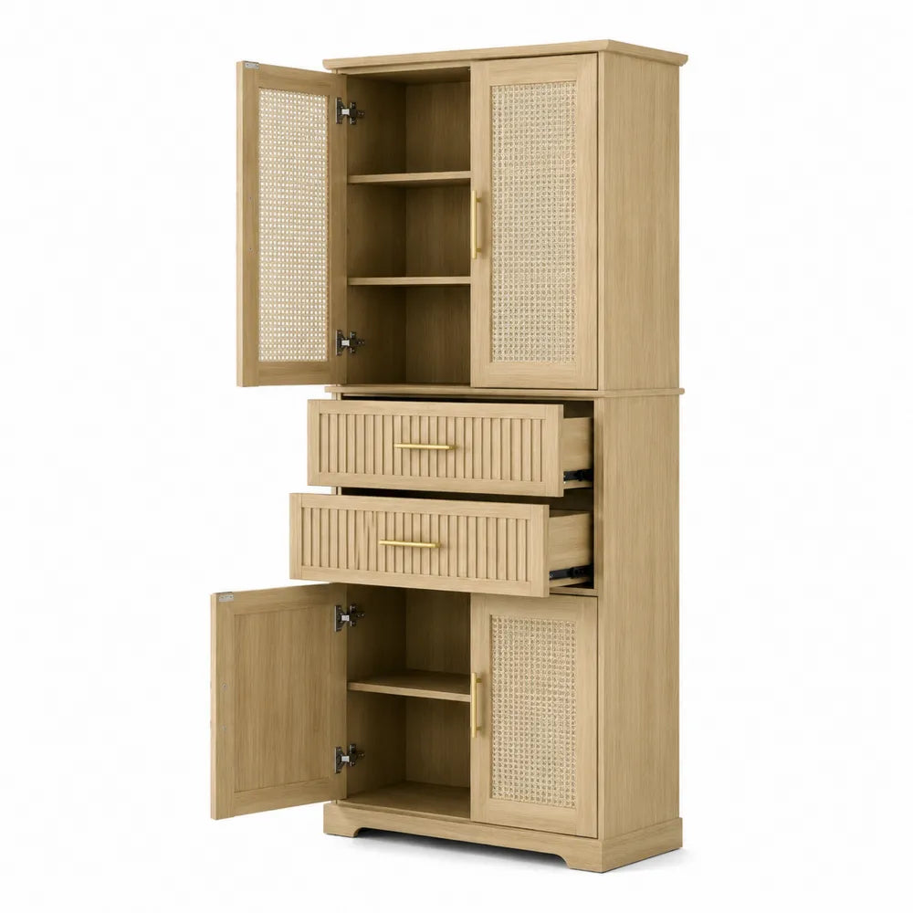 Kredens drewniany z rattanowymi panelami i metalowymi uchwytami 180 cm