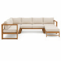 Drewniana sofa narożna z beżową tapicerką 270x210 cm
