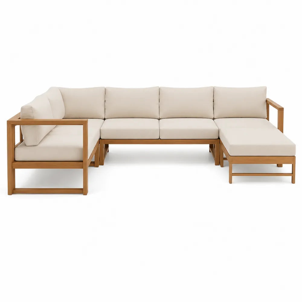 Drewniana sofa narożna z beżową tapicerką 270x210 cm