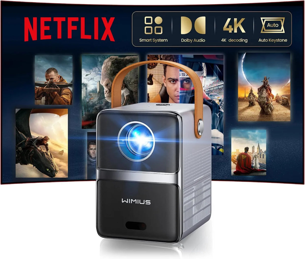WiMiUS projektor, 30000LM WiFi6, przenośny, do użytku na zewnątrz, WiFi, Bluetooth, 4K UHD, wideo, 4K Netflix Mini Wliczone, Krótka ostrość