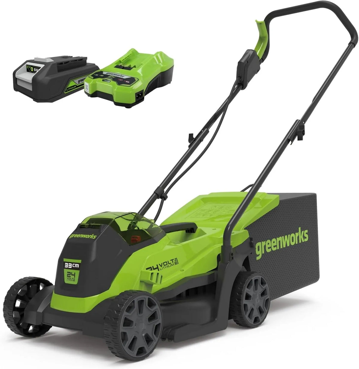 Greenworks, GD24LM33K2 2Ah Bateria, Ładowarka, Silnik, Szczotka, 33 cm, 30 l, 24 V, 140 m, bezprzewodowy, dla małych lawników do 140 m²