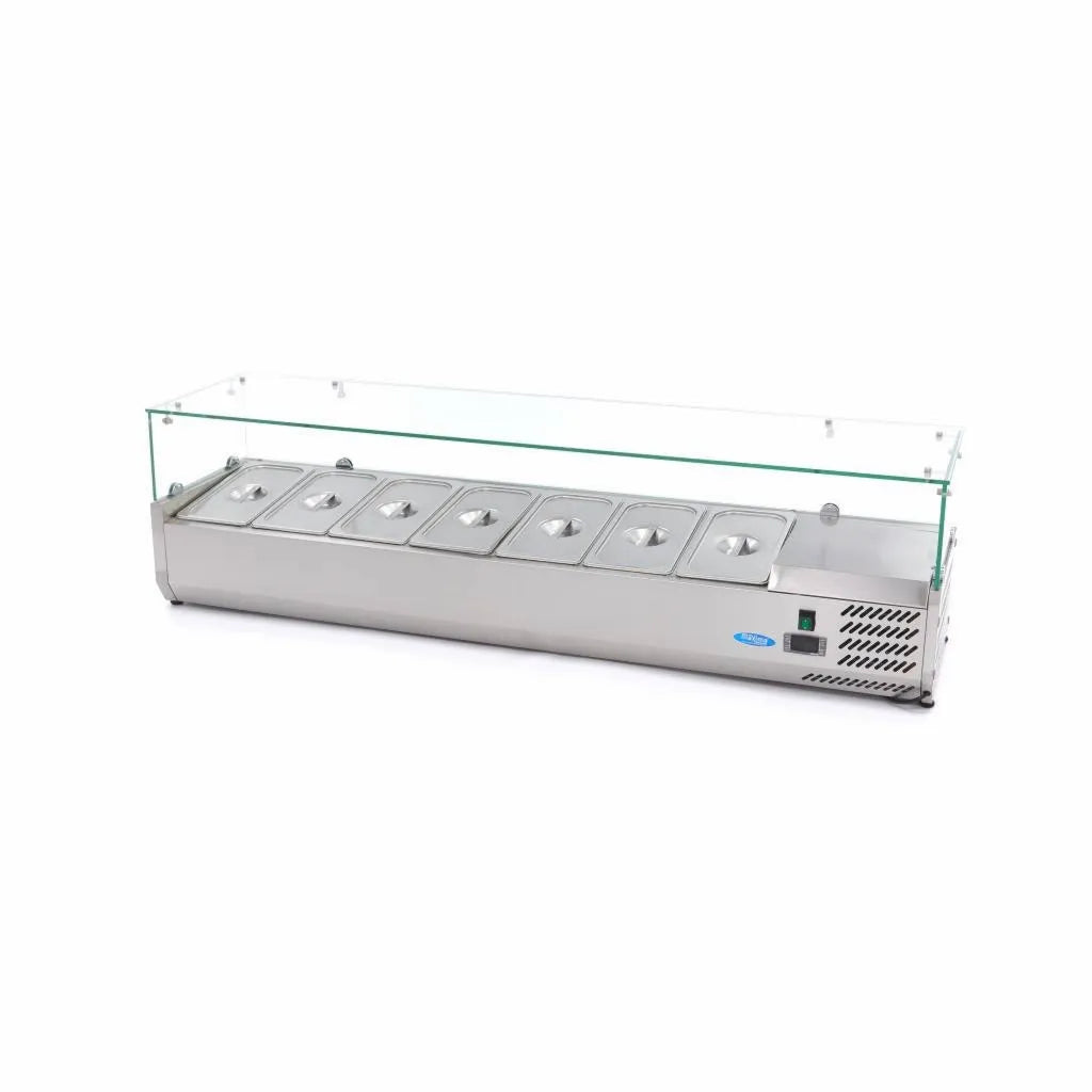 Maxima, Szkło chłodnicze, 160 cm, Wystawione szkło chłodnicze 160 cm 7 pojemników GN 1, 3 - Instalacja chłodnicza - Unikalny cykl chłodzenia - Vitrine