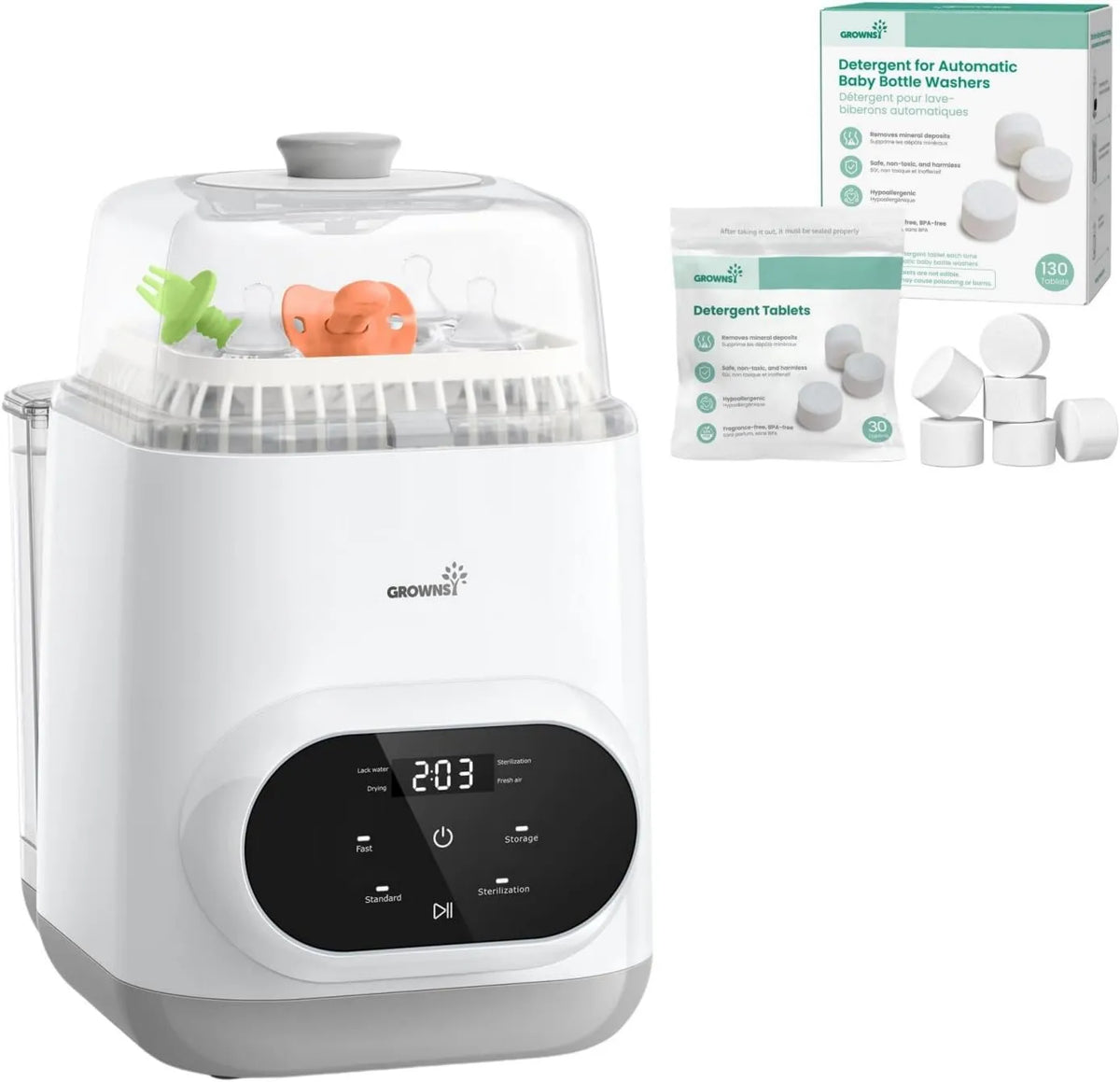 GROWNSY, Umywacze do dzieci i 130 tabletek Czyściciel do butelek