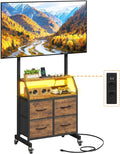 OYRREU, Szafka TV, 75 cali, 600x400 mm, koła ruchome, Regulacja wysokości z 4 szufladami, Uchwyt TV na kółkach z LED i zintegrowane gniazda
