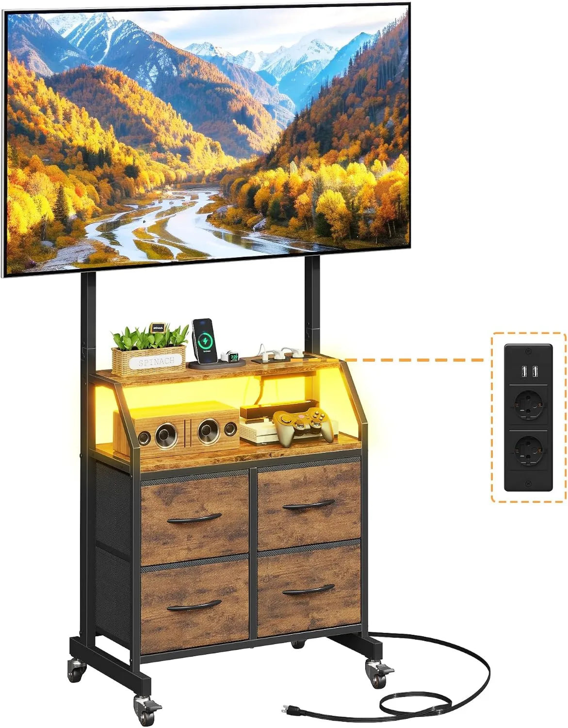 OYRREU, Szafka TV, 75 cali, 600x400 mm, koła ruchome, Regulacja wysokości z 4 szufladami, Uchwyt TV na kółkach z LED i zintegrowane gniazda