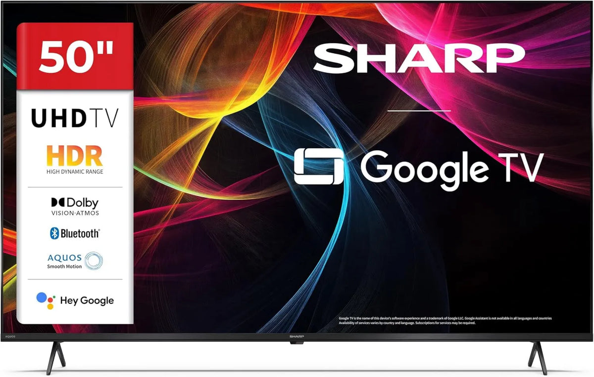 Sharp, Google 50HL4265E Smart TV, 50 cali, 4 HDMI, TV, 4K UHD, potrójny tuner DVB- T2, S2, dźwięk Dolby, Wi-Fi, bez frameless, Bluetooth, 1 z eARC DVB-T2