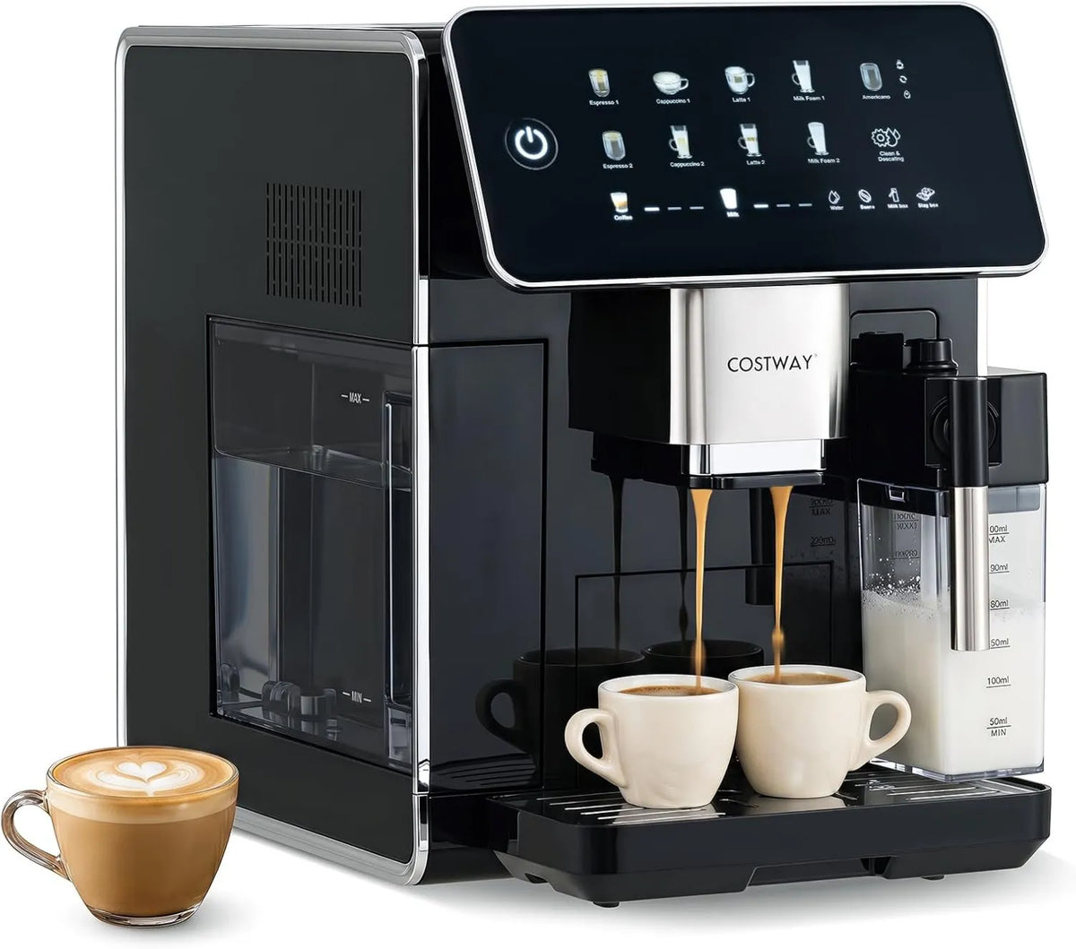 COSTWAY automatyczny ekspres do kawy, Mech mleczny, Emulgator mleka, dotyk, 3 poziomów, czarny, Ekspresja maszyna 15 Bary, Cappuccino, ekran dotykowy, 2 Drinki