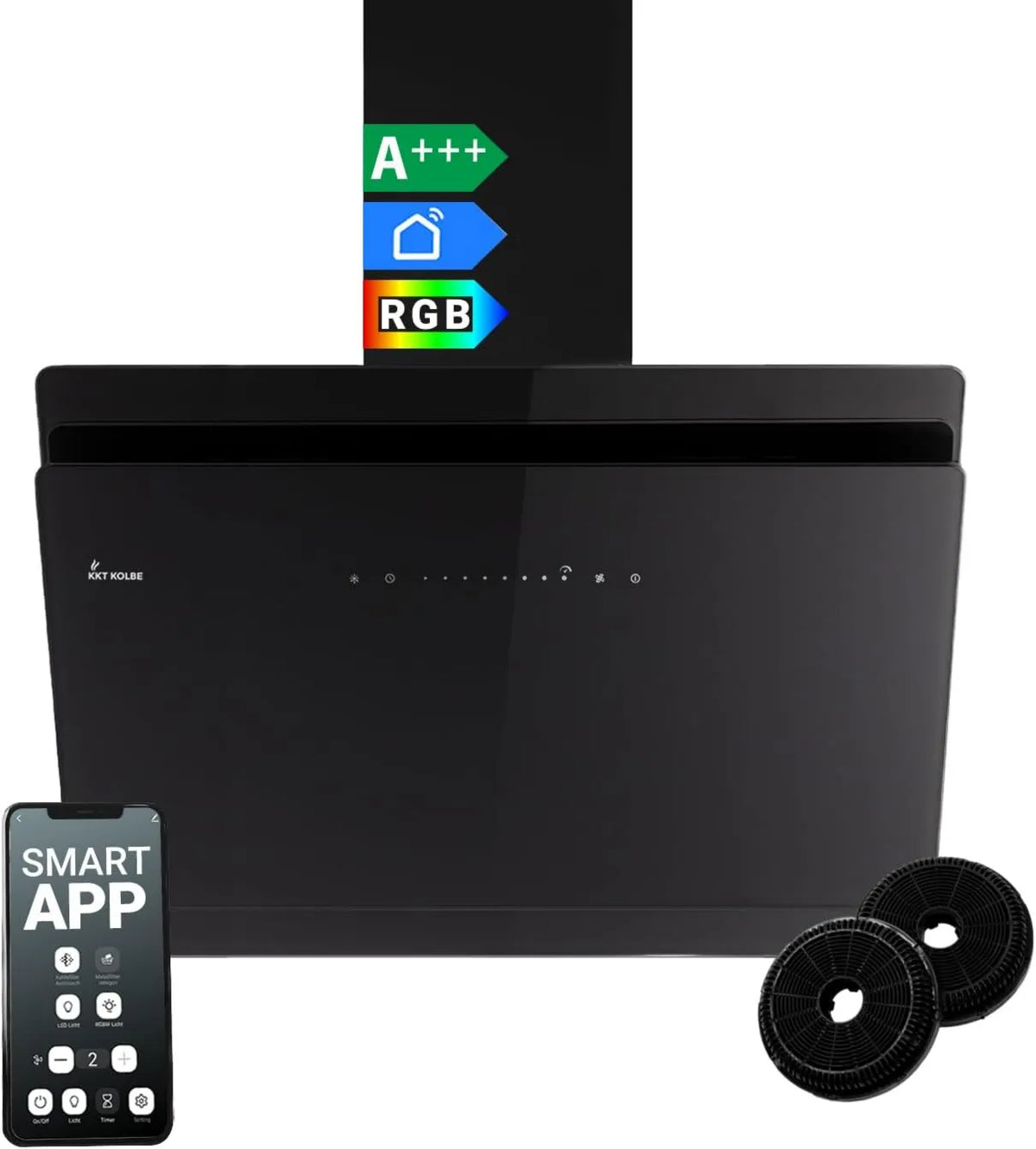 KKT KOLBE okap kuchenny, 80 cm, oświetlenie LED, instalacja ścienna, dotyk, WiFi, aplikacja, czarny, SensorTouch, A + + Hood