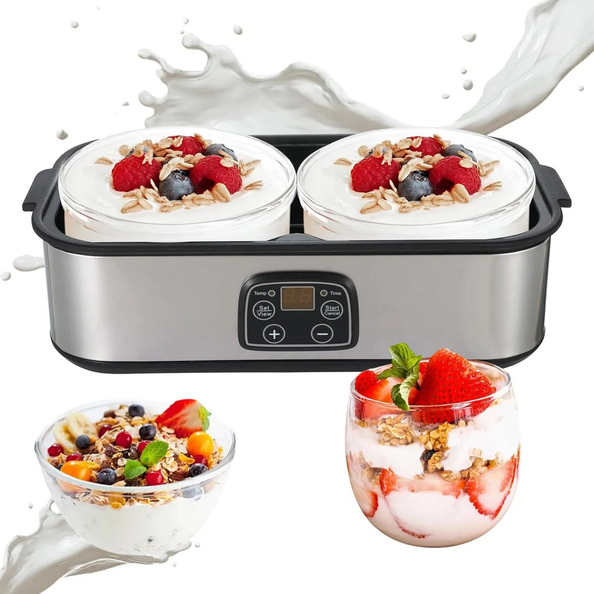 BTSAE, Jogurt maszyna, 2 l, zegar, 2 strefy temperatury, szkło, do jogurtu greckiego