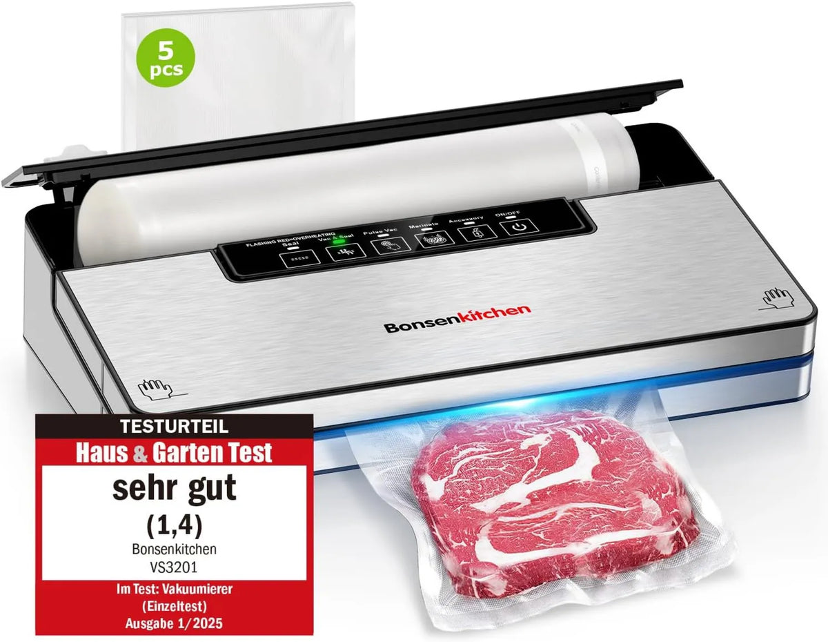 Bonsenkitchen pakowarka próżniowa, Żywność Urządzenie do ustawiania próżniowego, Maszyna, 8 l, 5 tryby, do pracy ciągłej przy dużej prędkości