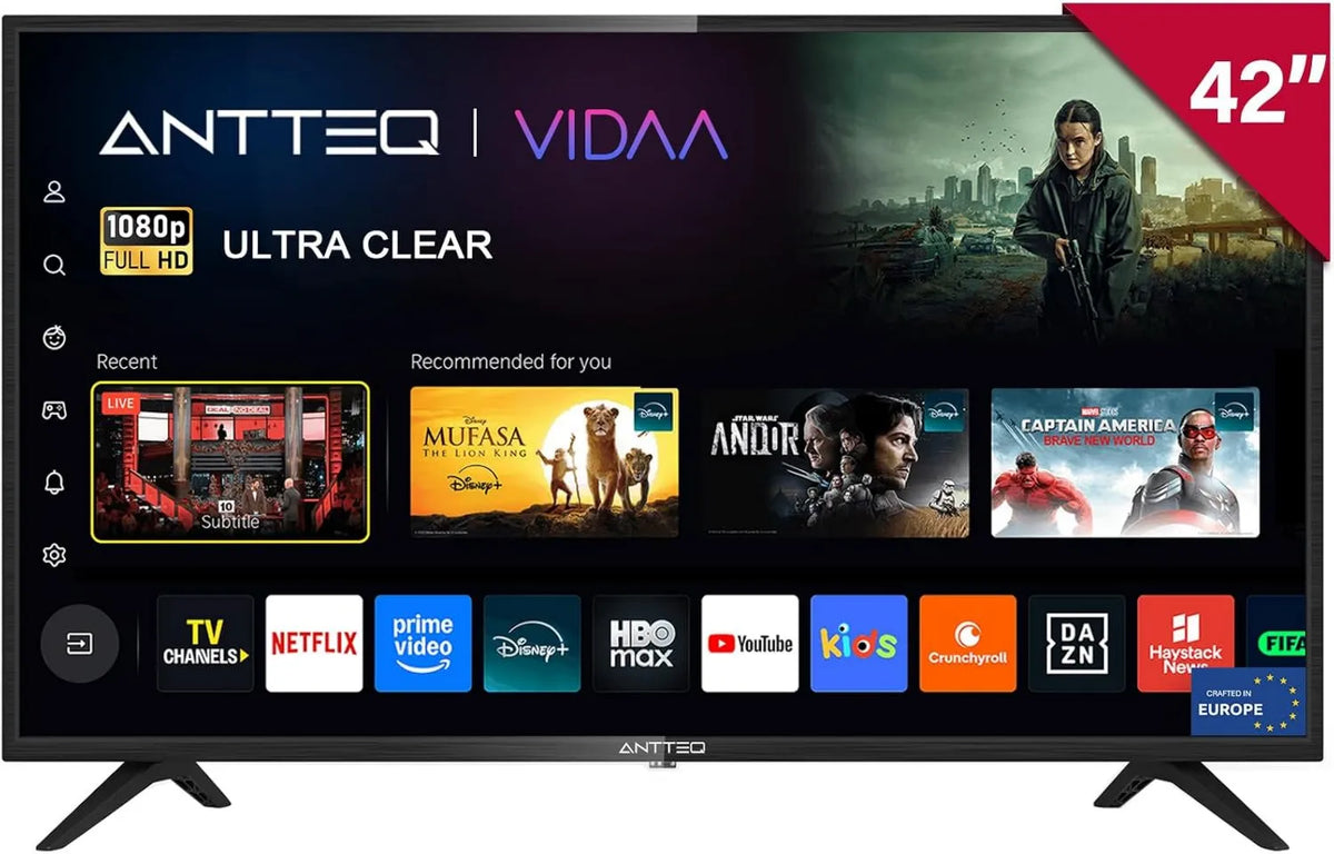 Antteq telewizor, Smart TV, 42 cale, TV, AV42F3, dźwięk Dolby, WiFi, DVB- T2, Dolby Audio, 106 cm, Prime Video, Molotov TV, Disney +, Youtube DVB-T2