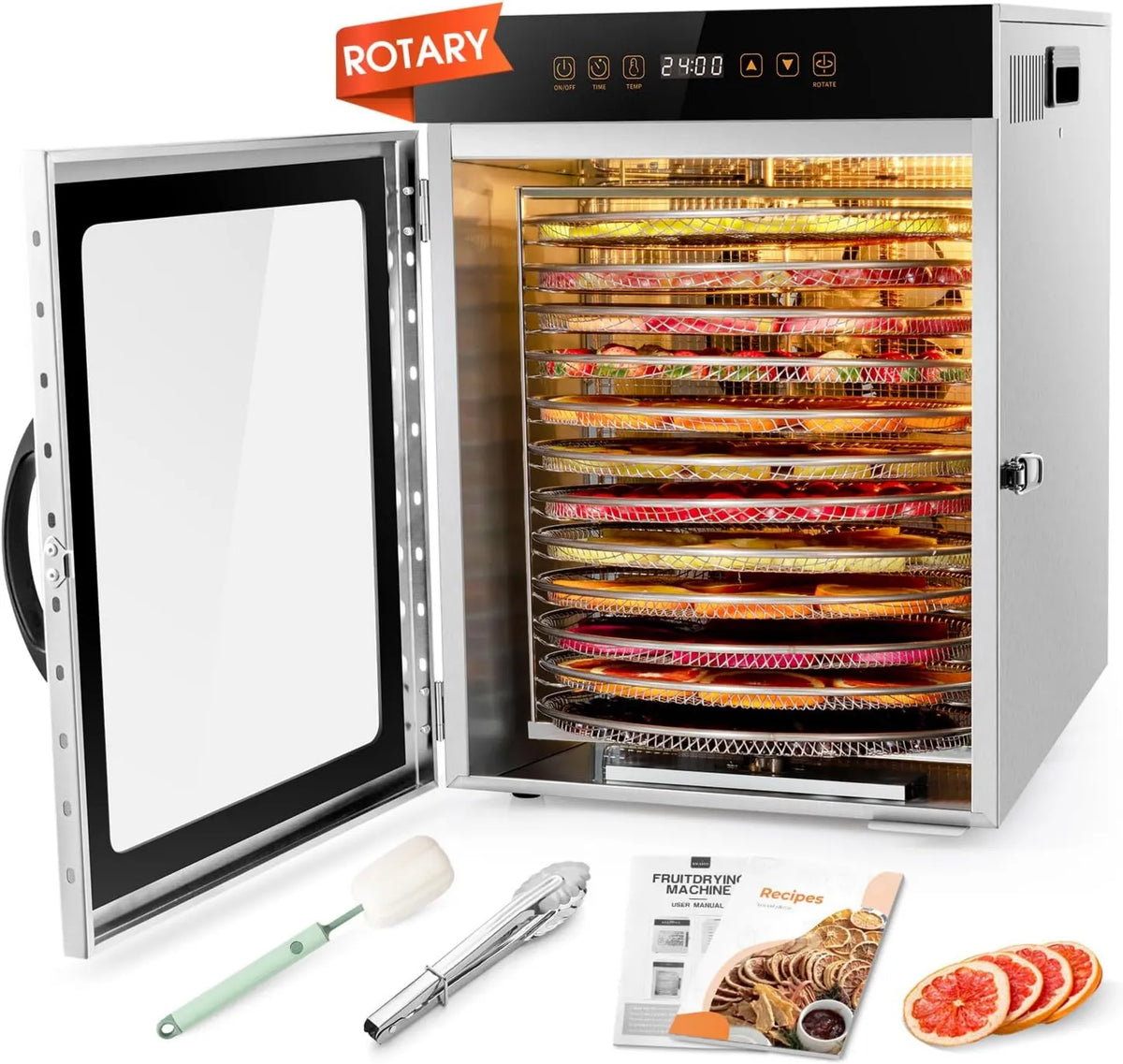 Wentylator, 1000 W, 12 poziomów, 30 cm, Kwasyo Suszarka ze stali nierdzewnej, podwójny wentylator 720°, wydajny osuszacz, zeszyt z przepisami na mięso