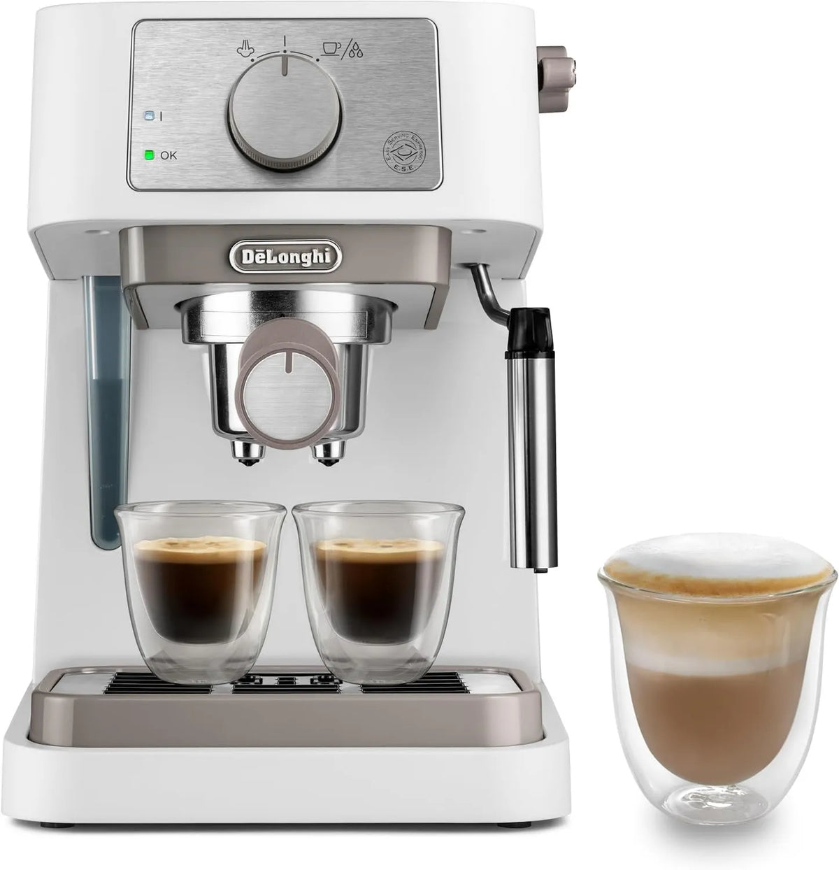 De'Longhi automatyczny ekspres do kawy, De 'Longhi EC260.W Mędrzec mleka, Emulgator mleka, Biały, 15 Barów, Cappuccino System, Kompatybilny z ESE Dosettes