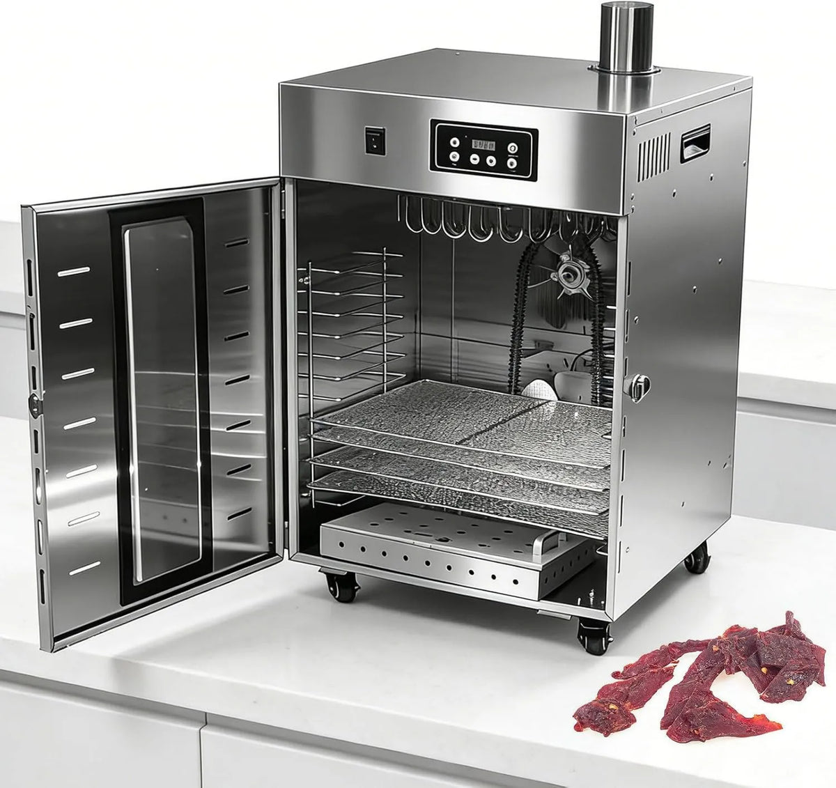 QJJML suszarka do żywności, Profesjonalny dehydrater żywności, 10 Płyty, Dojrzałość mięsa 1000 w, 360 ° Obrót z 30 Hooks + Funkcje Palenie
