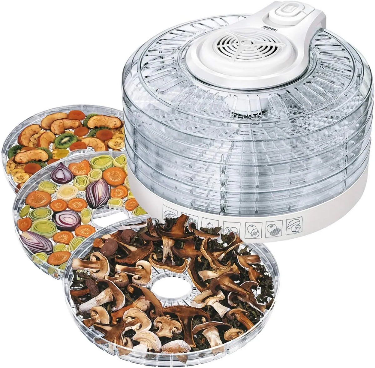 MPM suszarka do żywności, MSG- 02 bez BPA, PM Company Odwodnienie elektryczne, 5 Płyty 33 cm, 3 poziomów mocy, 400 W, Suchy owoc, Warzywa MSG-02