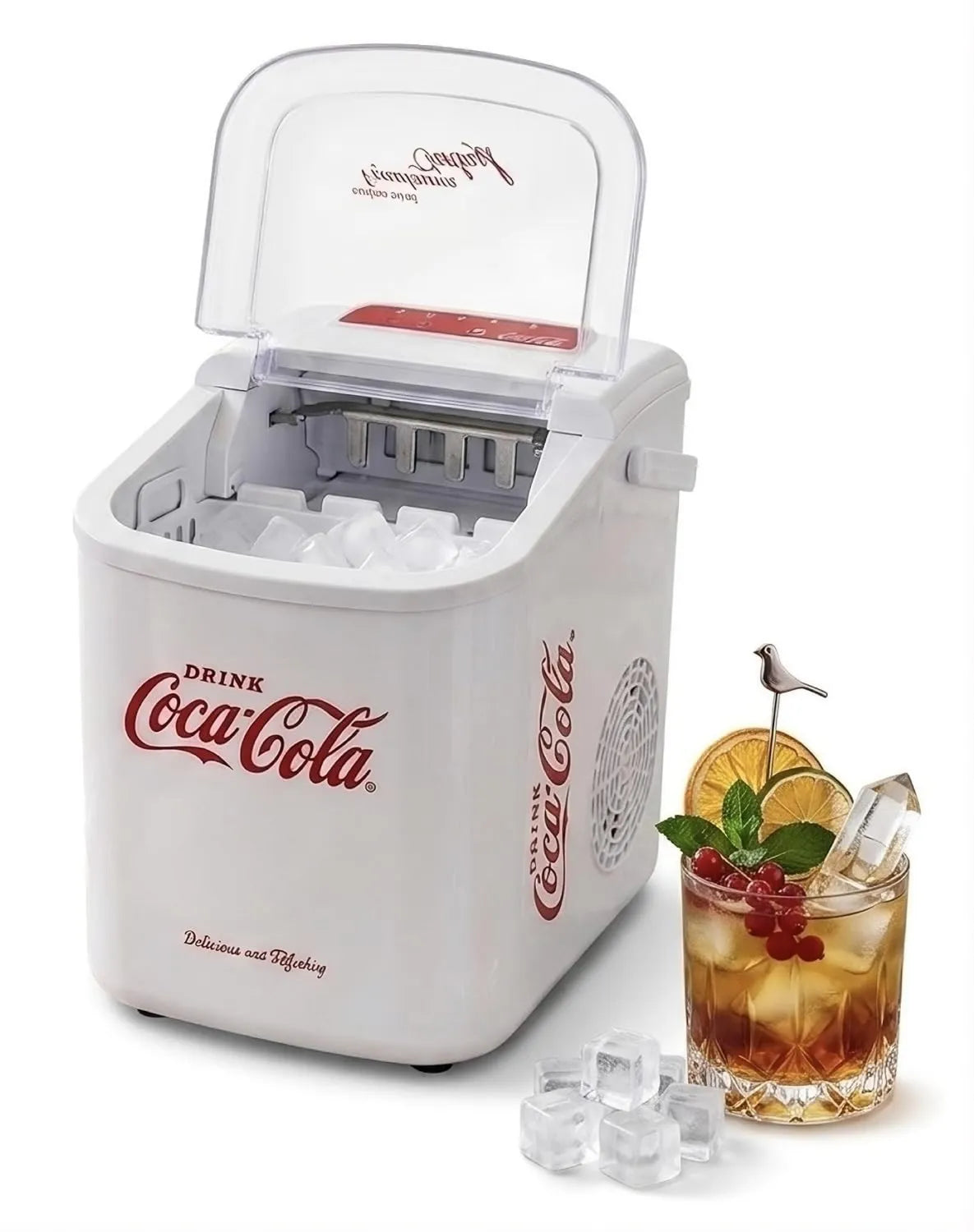 Kostkarka do lodu, 10 kg, Salco Coca Cola Kostkarka do lodu, maszyna do lodu z 2 rozmiarami kostek, styl retro biały, przenośna kostkarka do koktajli