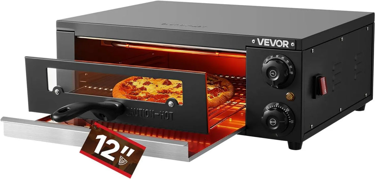 VEVOR piec do pizzy, Elektryczny mini piekarnik do pizzy, 30, 5 cm, 1450 W, 25 do 300°C, zegar, grill, czarny, do domu kuchnia