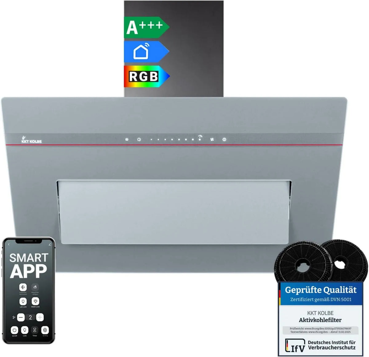 KKT KOLBE okap kuchenny, PLOOM8005 G, 80 cm, 782 m3 / h, pochylony, odpływ i recykling, oświetlenie LED, instalacja ścienna, dotyk, Wi-Fi m3/h