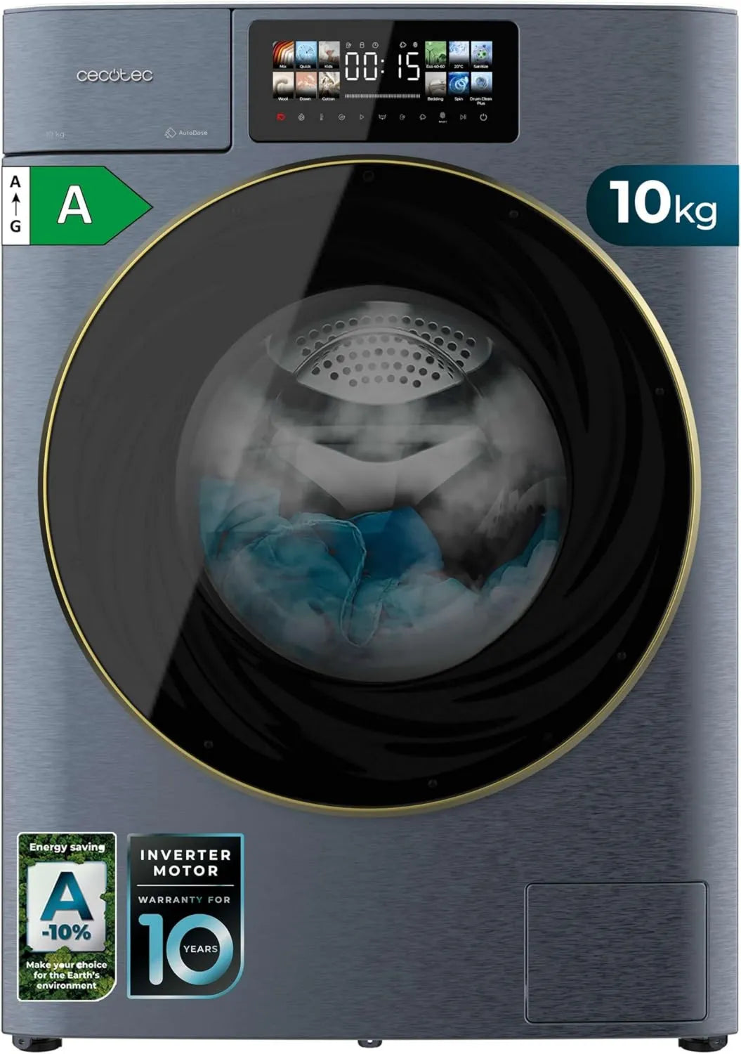Cecotec pralka, Bolero DressCode 10950, 13 programów, 10 kg, efekt 3D, Inwerter, niebieski, 1400 tr, min, 10 Kg Ładowanie przednie