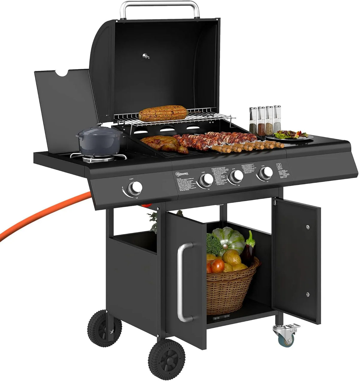 Outsunny płyta gazowa, 12,2 kW, 80 kg, funkcja grilla, Grill gazowy 12,2 kW, ze stali nierdzewnej, z rolką bocznego palnika, rusztem do grillowania