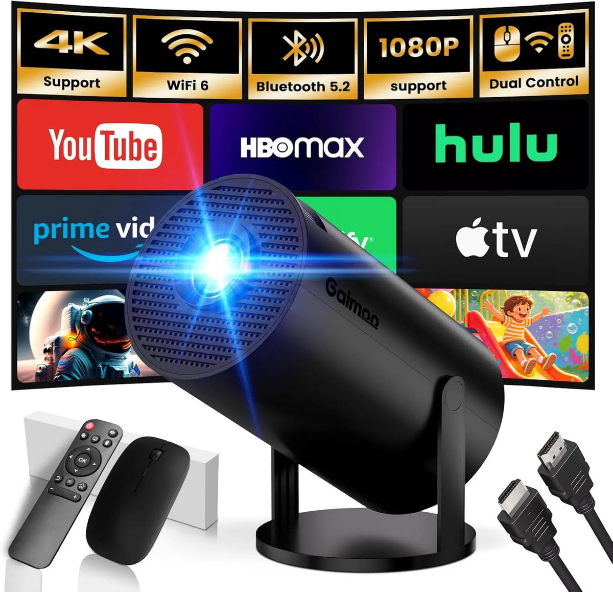 Gaimoo projektor, Smart TV 1080P, TV, 4K UHD, HDMI, USB, WiFi, Bluetooth, czarny, Zintegrowany Retro aplikacji, wideo 2026 Uaktualnione wsparcie 4K 1080P