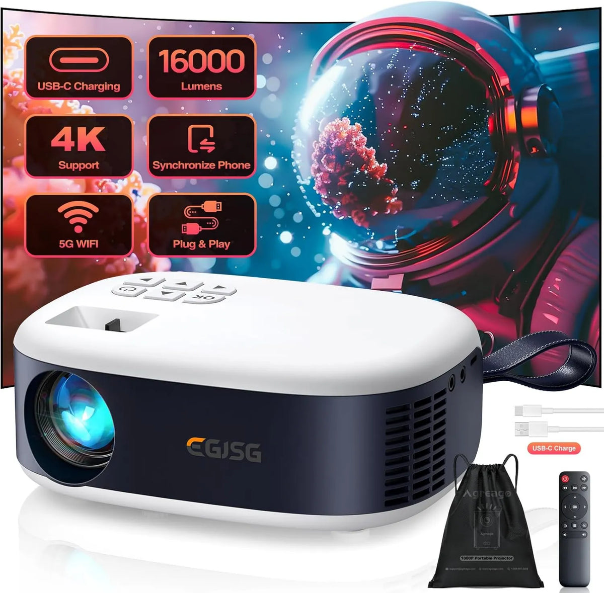 Projektor, 1080P, sterowanie WiFi, łączność Bluetooth, obsługiwany projektor filmowy 1080P/4K z 5G WiFi 6, szybkie ładowanie USB-C