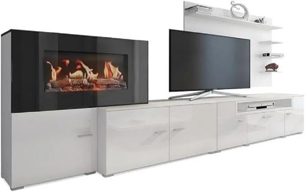 Skraut Home, Szafka w salonie wyposażona w elektryczny kominek, 5 poziomów płomienia, dom Skraut, 290x170x45 cm, kolor biały Matt i lakierowany biały błysk