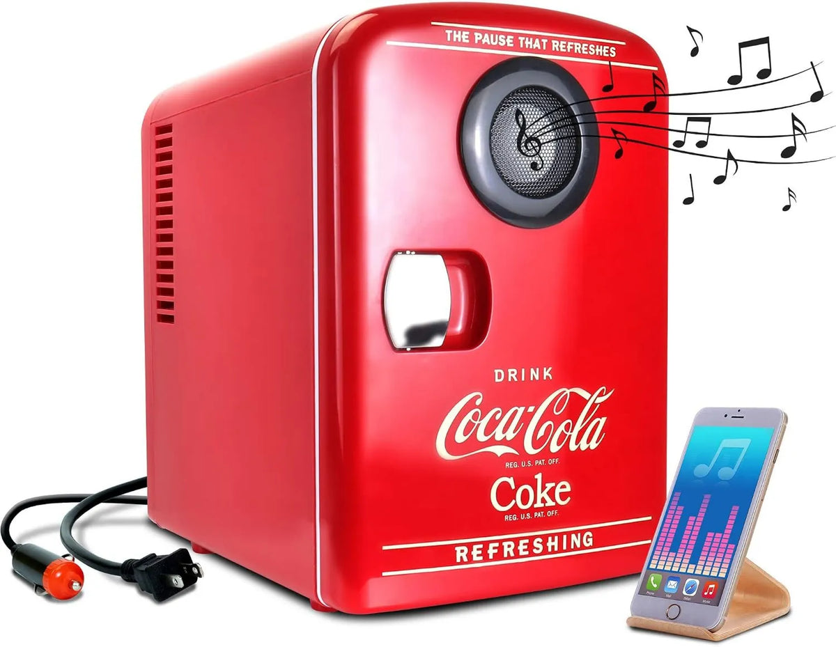 Koolatron minilodówka, Produkt przenośny Retro chłodziarka Ciepło z wbudowaną- w głośnik bezprzewodowy Bluetooth czerwony