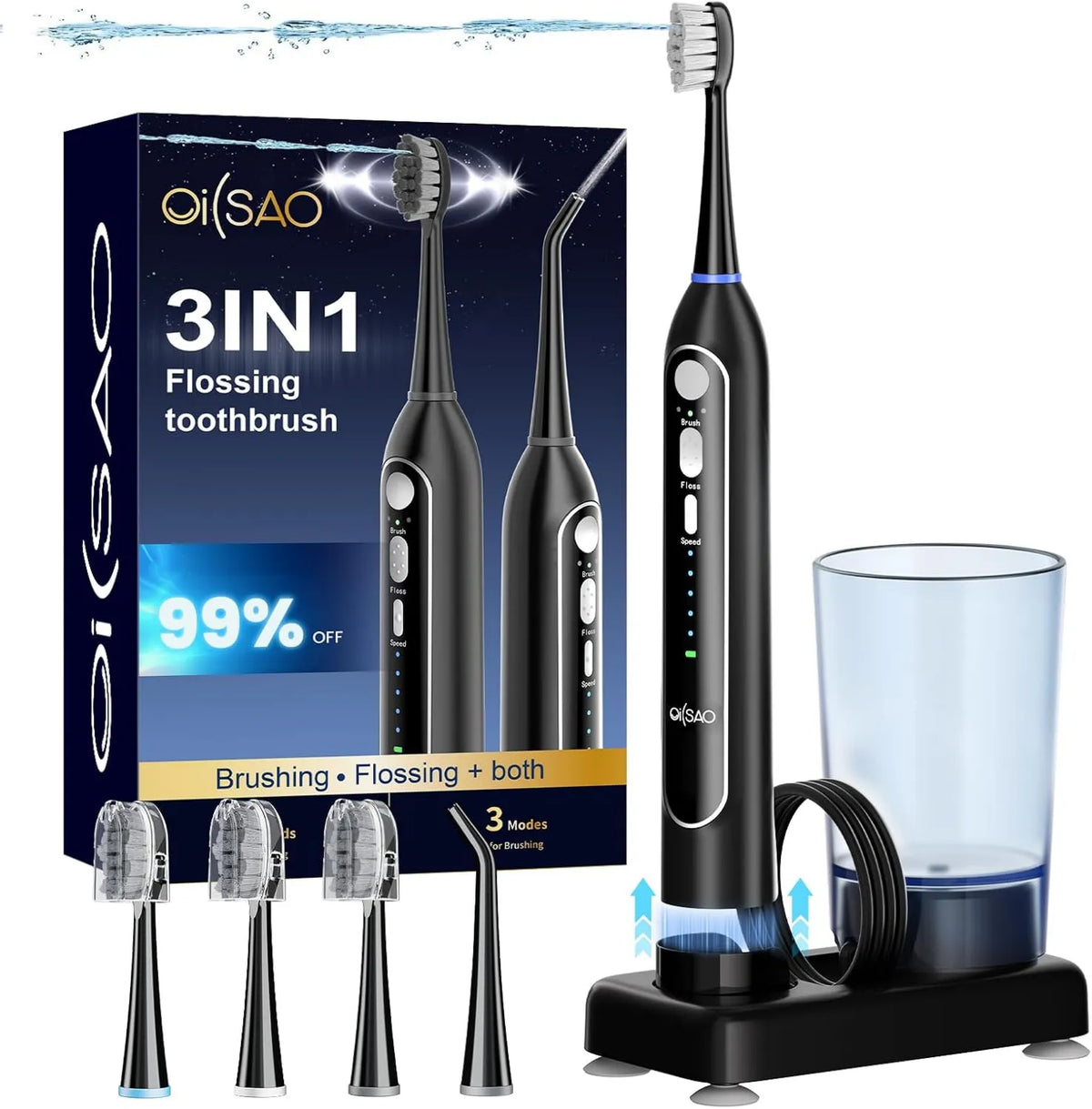 OILSAO, IPX7 Szczotka, szczoteczka do zębów wielokrotnego ładowania, elektryczny hydropuls dentystyczny, 5 prędkości, 3 tryby, do podróży i domu