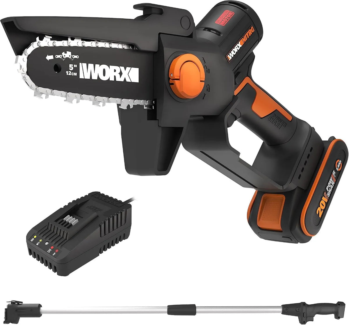 Worx WG325E.1 pilarka łańcuchowa, 12 cm, 125 cm, silnik bezszczotkowy, Nitro mini piła łańcuchowa 20 V, jednoręczna piła łańcuchowa