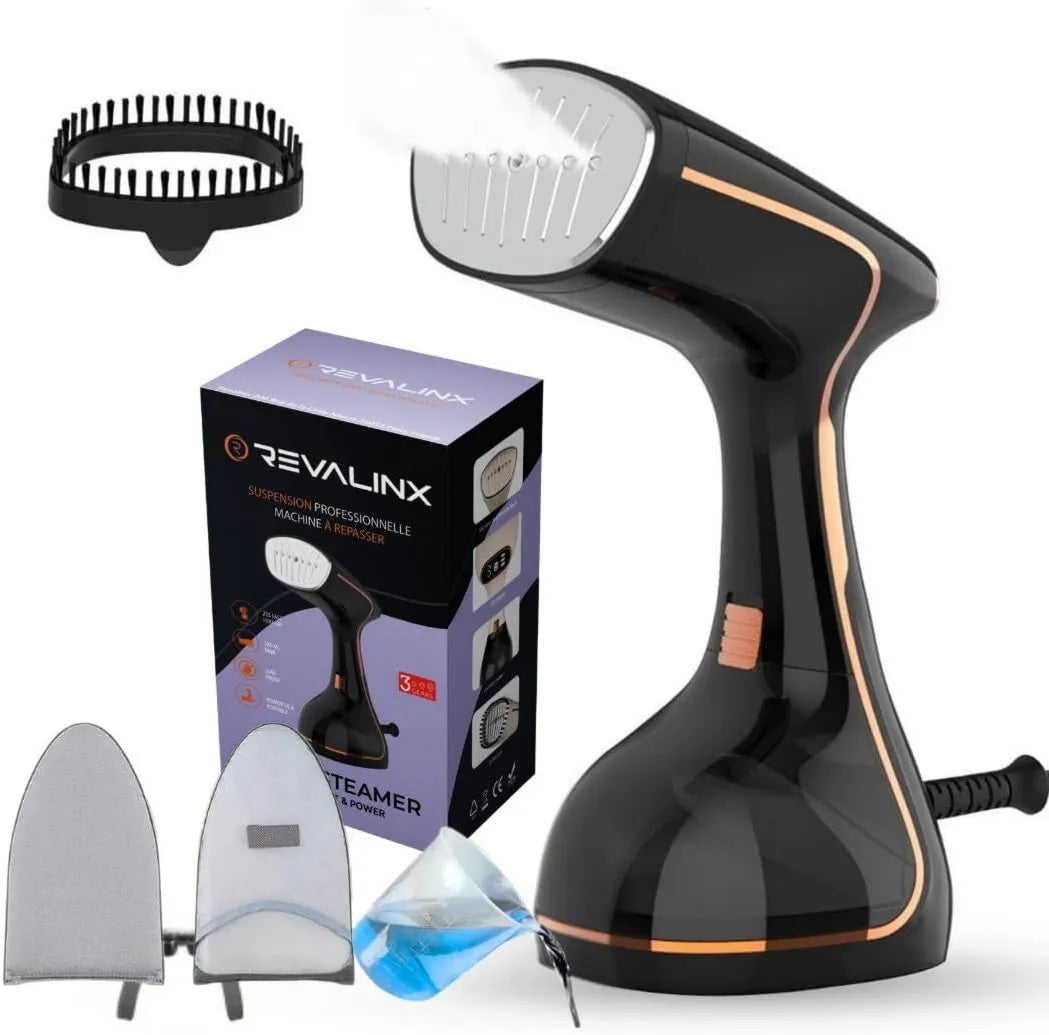 Revalinx parownica do ubrań, 2- in-1 Przenośne, elektryczne żelazo, 1800 W, 320 ml, duży zbiornik, para, LCD ekran, Dom, Mróz 2-en-1