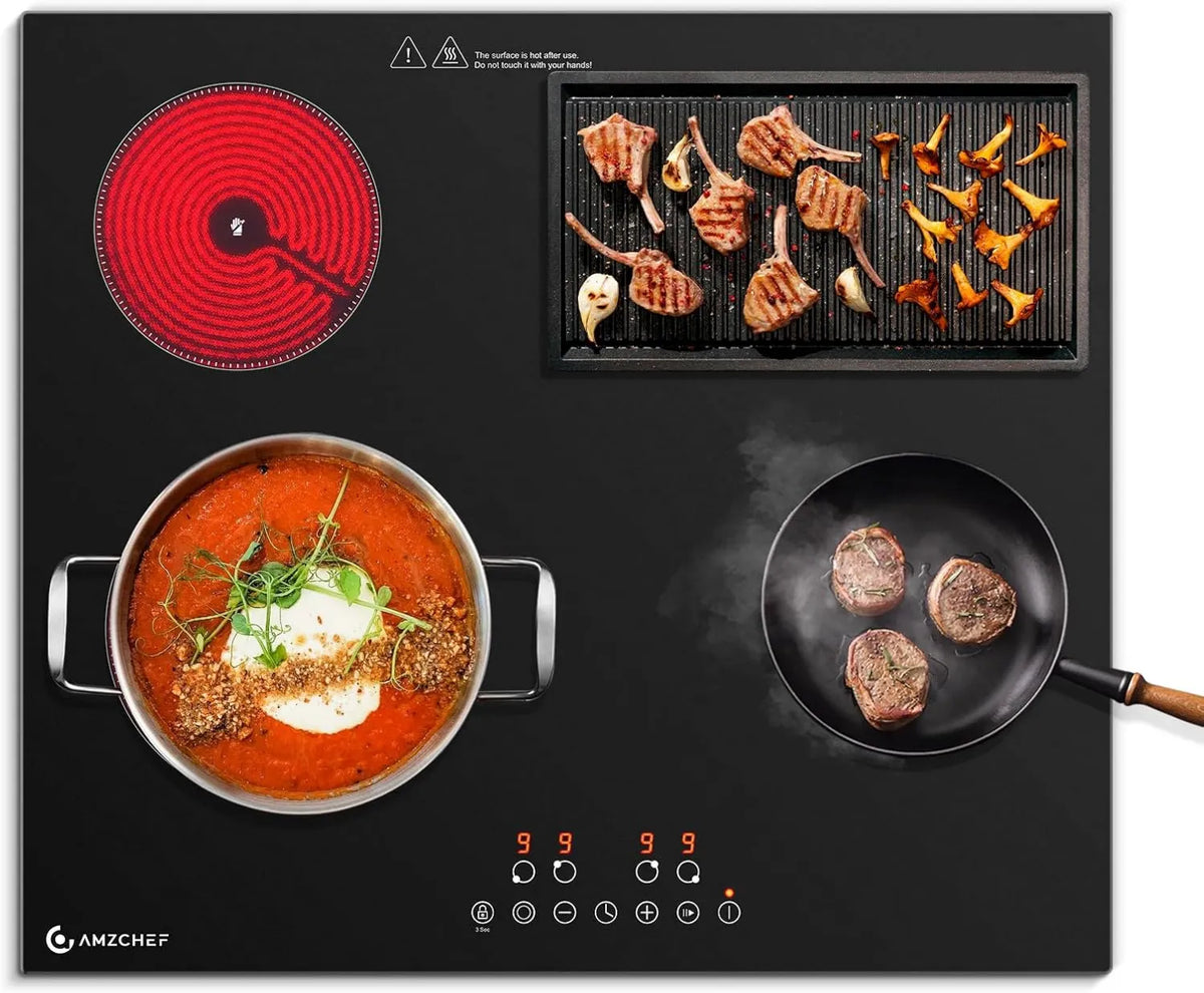AMZCHEF płyta grzewcza, Ceramiczne płyta szklana, 60 cm, 4 pola grzewcze, 7200 W, grill, Strefy podwójne, 9 poziomów mocy, Funkcja Pauza, Kompatybilny z wszelkiego stosowania szkła ceramicznego