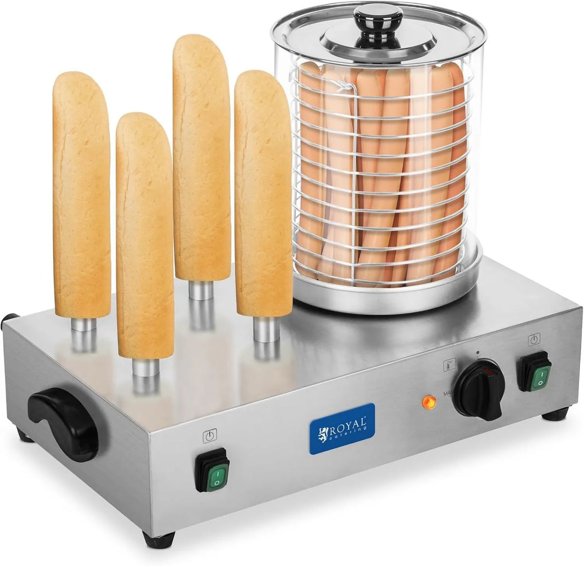 RCHW 2300, 1100 W, 24 cm, 20 cm, Royal Catering Profesjonalna maszyna do hot dogówów, wysokość cylindra 24 cm, średnica cylindra 20 cm