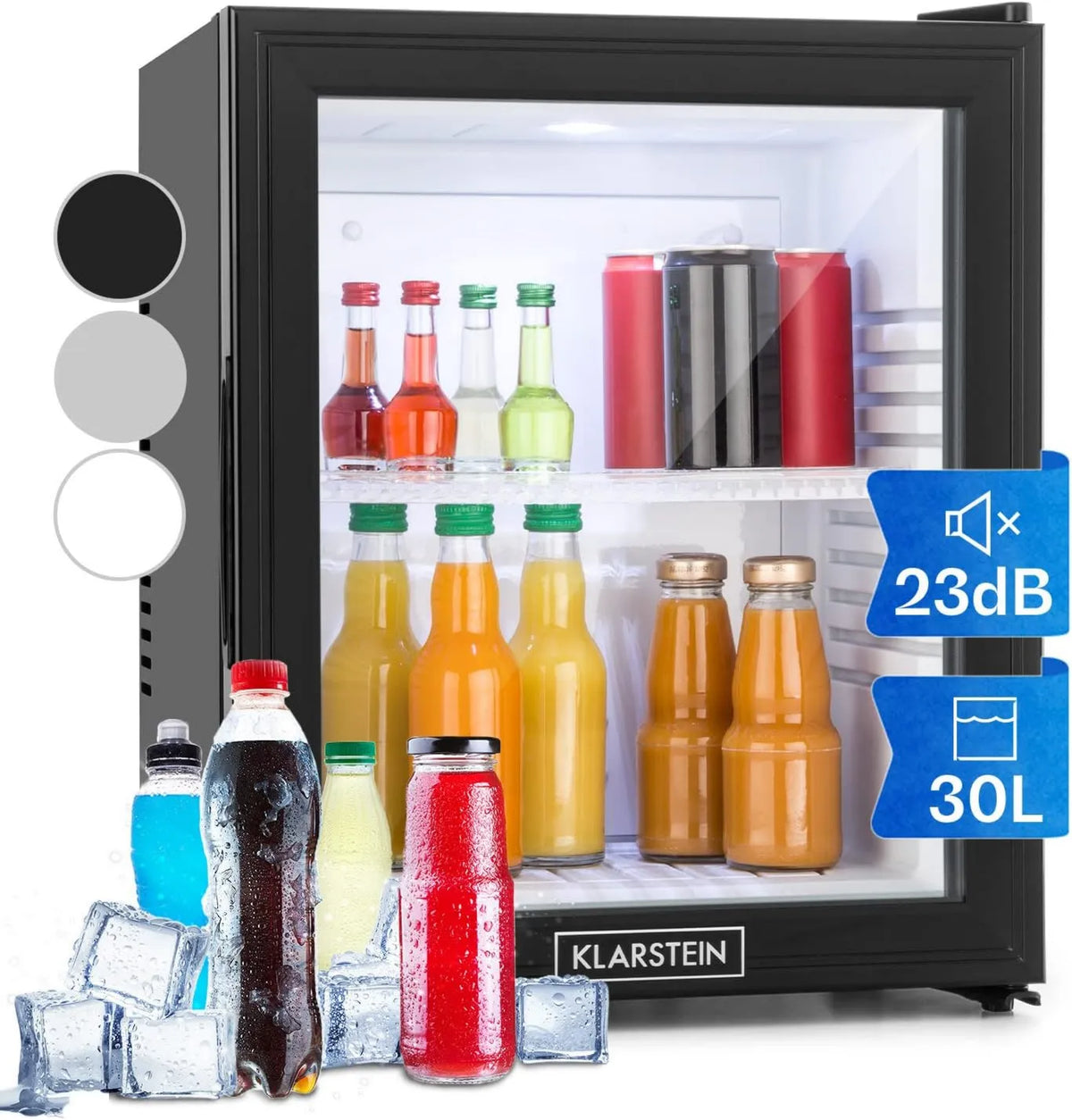 Klarstein MKS-13 lodówka, regulacja ustawień, mini lodówka, lodówka na napoje, pojemność 32 litry, szklane drzwi, 3 stopnie temperatury