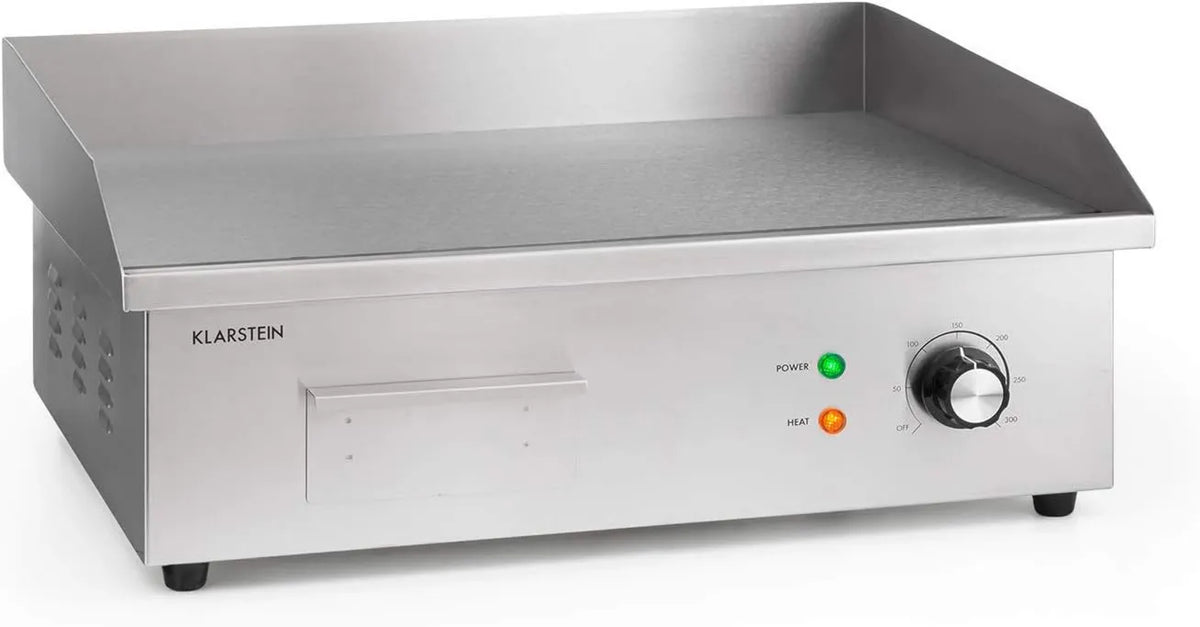 KLARSTEIN grill elektryczny, wyposażony w tacę smarną i pluskającą, profesjonalny elektryczny grill w odlewie żelaznym: powierzchnia grill 54.5x35 cm, stal nierdzewna, 50- 300°C, 3000 W