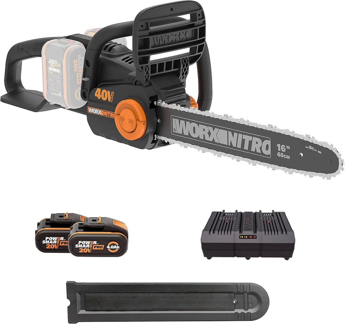 Worx WG385E pilarka łańcuchowa, 40 cm, Silnik Bezszczotkowy, zasilanie akumulatorowe, praca automatyczna, Nitro Akumulatorowa Pilarka Łańcuchowa 40V