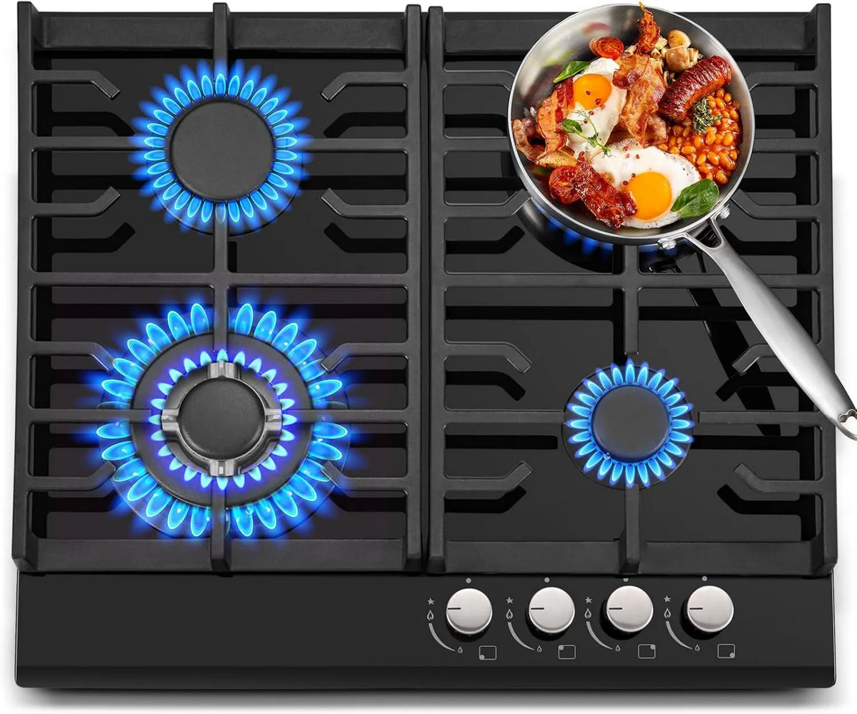 Płyta gazowa, 60 cm, 3400 W, 1800 W, TopStrong Płyta gazowa z 4 płomieniami, płyta gazowa z czarnego, hartowanego szkła o średnicy 60 cm