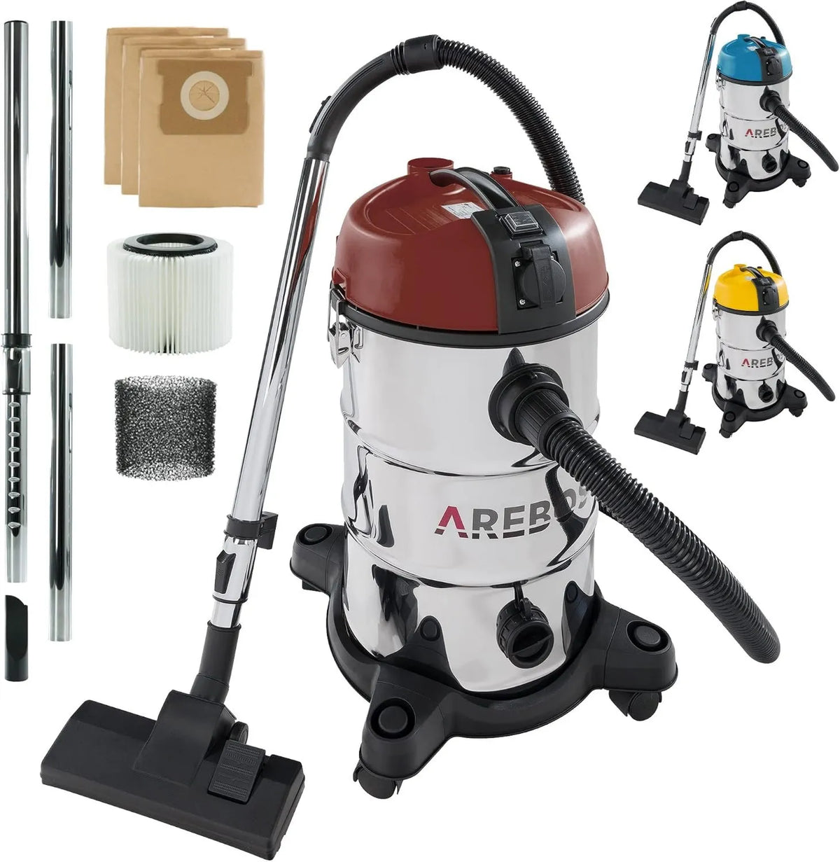 AREBOS, Odkurzacz, 30 l, 1300 W, 5in1, przemysłowy, stal nierdzewna, czerwony 5en1