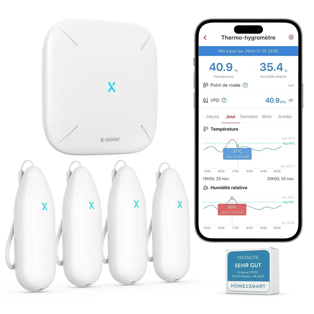 X-Sense, model STH55, Zakres do 500 m i kompatybilności Alexa, X- Sense Kit Termometr podłączony Hygrometr, Dokładne śledzenie, Alerty, Eksport danych