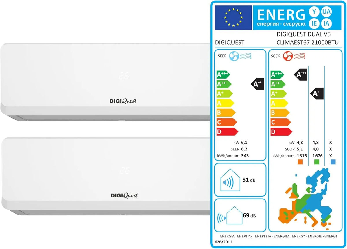 R32 CLIMA00067 klimatyzator, 12000 BTU, 21000 BTU, 240 V, silnik inwerterowy, sterowanie WiFi, Klimatyzator Digiquest Dual Inverter V5 12000+12000