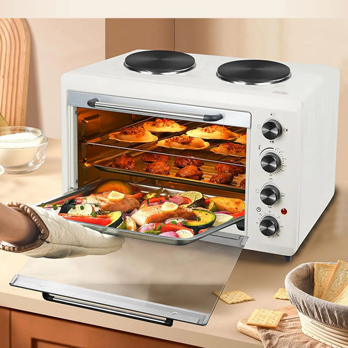 Piekarnik elektryczny, 2000W, 2000 W, timer, funkcja grilla, 56L Domowy piekarnik, 2000W Blat Kuchenka Elektryczna Z Podwójną Płytą I Grillem
