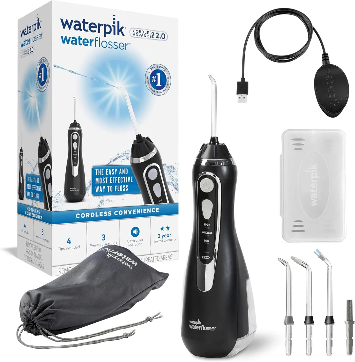 Waterpik, Ładowarka WP- 582UK, elektryczny hydropuls dentystyczny, USB, bezprzewodowy, czarny, do podróży lub małych łazienek z cysterną WP-582UK